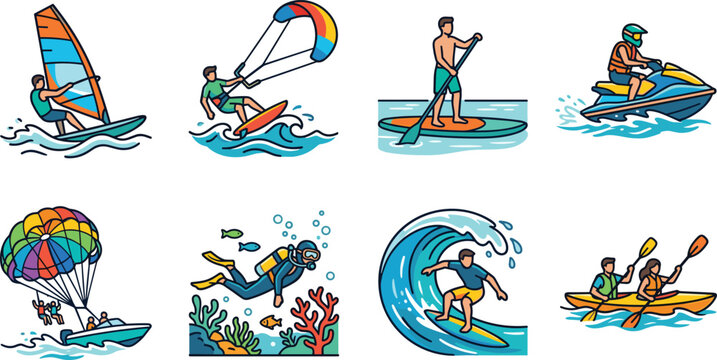 Water sports and extreme ocean activities icon set featuring surfing diving and jet ski vector illustrations