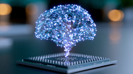 Fototapeta premium Futuristic artificial intelligence brain made of glowing data particles above a microchip, representing machine learning, digital innovation and advanced computing.