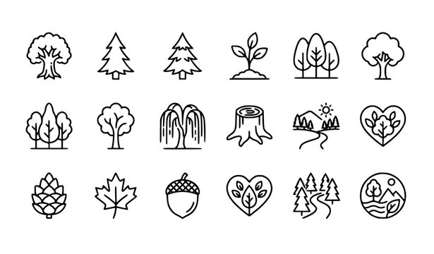 Forest and Tree Line Icon Collection Editable Stroke Vector Set