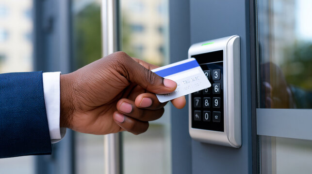 Hand using an access card on a keypad entry system, representing secure authentication, access control and modern security technology.