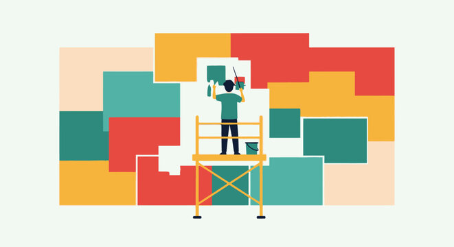 Graphic designer arranging colorful geometric layout on scaffolding.