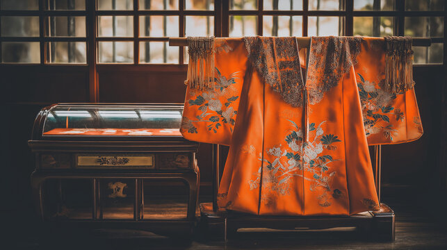 maiko. Magnificent kimono and ornate hairpiece displayed on a lacquered stand. event programs, museum guides, designed for cultural heritage projects and event programs, used by data analysts.