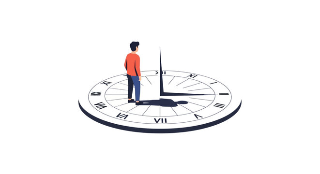 Person standing on giant clock face illustration.