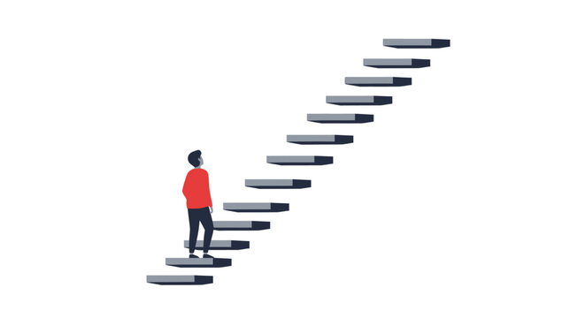 Person ascending abstract floating staircase upward alone.