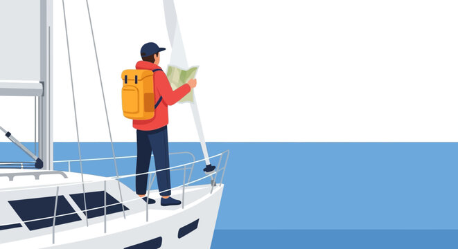 Sailor examining nautical map aboard modern sailboat.
