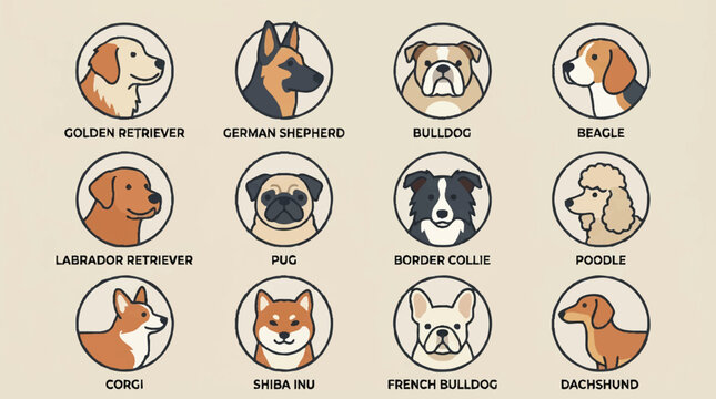 Dogs Breed Faces Side View Illustrations.