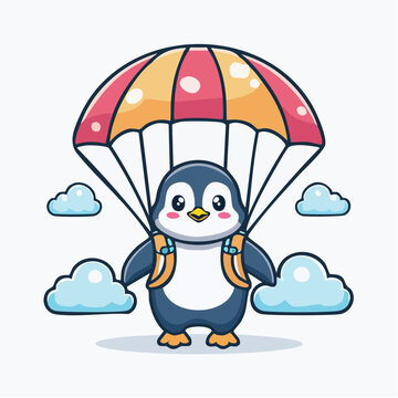 Cute Penguin Parachuting with Backpack