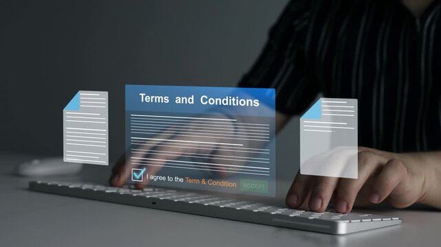 Terms and conditions agreement concept featuring legal documentation, policy acceptance, compliance requirements and digital consent for online services.
