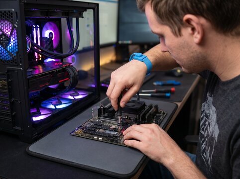 Man assembling custom gaming computer with motherboard and RGB lighting.