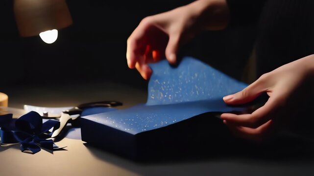 Blue Gift Box Being Opened by Hands in Low Light