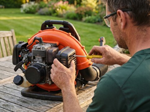 Man repairing orange backpack leaf blower on wooden table outdoors.