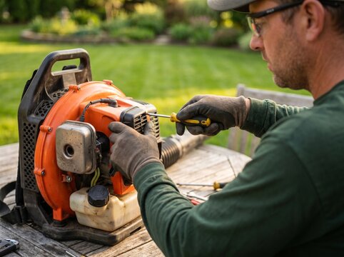 Man repairing orange backpack leaf blower engine outdoors on wooden table.