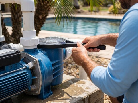 Professional technician repairing a blue swimming pool pump with a wrench outdoors.