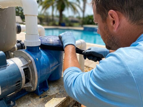 Professional technician repairing swimming pool water pump system outdoors.