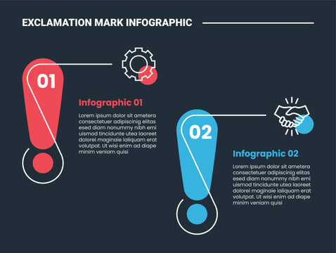 Exclamation mark sign symbol icon infographic process diagram with standing sign with curve line on comparison content with dark background bright outline style 2 points