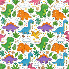 Naklejka premium Colorful dinosaur pattern with clouds and stars features various dinosaurs and plants on a white background.