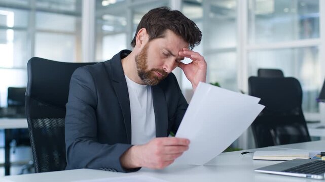 Frustrated Caucasian business man with papers feeling stress work trouble ill sick tired European middle-aged businessman feeling headache migraine male with documents feel head pain ache in office