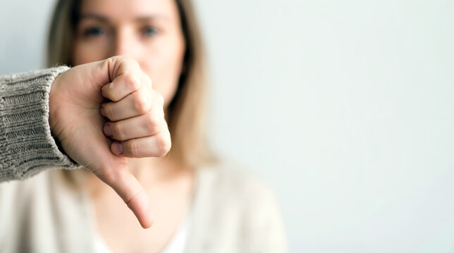 A close up shot of a young woman showing a thumbs down gesture, expressing strong disagreement, dislike, or disapproval against a neutral white background with copy space.