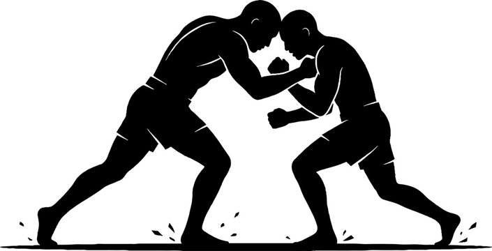 Two wrestlers locked in intense grappling match.
