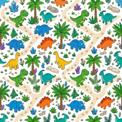 Fototapeta premium Exploring prehistoric landscapes with dinosaurs roaming freely in a tropical environment with plants and rocks.
