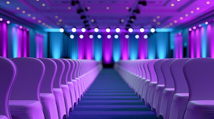 Obraz premium Empty conference hall with rows of chairs illuminated by purple and blue stage lighting in a modern event venue.