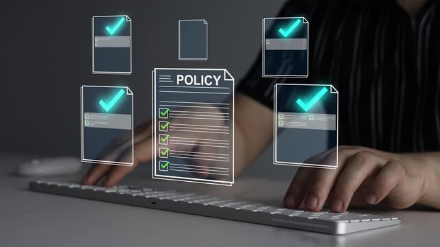 Policy document concept featuring business rules, legal compliance, organizational guidelines and corporate governance documentation.