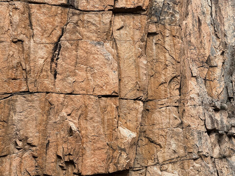 Close-up of a natural rock wall with layered textures and fractures
