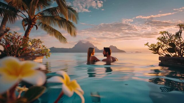 couple relax in luxury infinity pool in tropical landscape animation