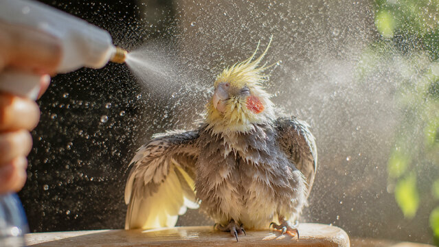 Cockatiel enjoying refreshing mist spray during hot summer day with dramatic backlight and sparkling water droplets