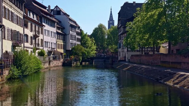Drone pullback along Ill canal, Alsatian houses on both banks, Notre-Dame spire beyond.