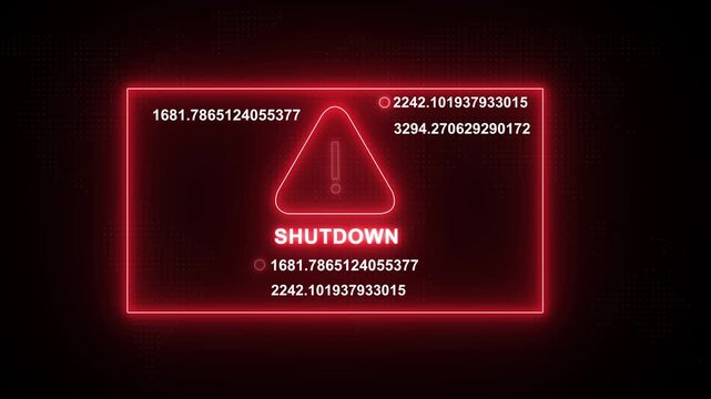 Digital shutdown warning interface with glowing red neon hazard triangle and rapidly changing numerical data streams for cybersecurity, system failure, critical error, and cyber attack concept visuals