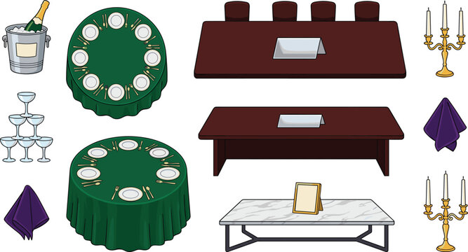 Elegant Banquet and Dining Table Set with Event Furniture Icons for Wedding, Restaurant, and Party Decoration Designs