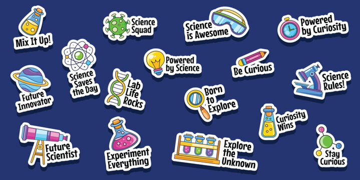 Science and school doodle sticker pack vector illustration