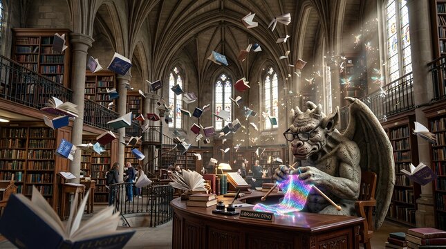 Fantasy library with a gargoyle and flying books.