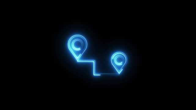 Neon direction location pin animation. Neon direction sign search address position map tracking motion, searching place address, travel direction road signs. animation.