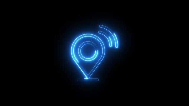 Neon location pin icon animation. Search address road sign, travel map pin symbol, digital navigation location pin. 