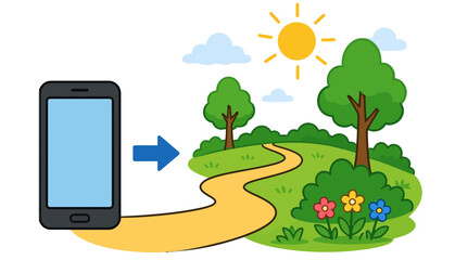 Fototapeta premium Smartphone with an arrow pointing to a dirt path leading into a sunny nature park