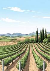 Fototapeta premium Sun-Drenched Vines: A Hand-Drawn Tuscan Landscape