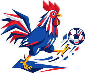 Rooster soccer mascot vector illustration kicking football, France team colors geometric character concept © AMBX Project