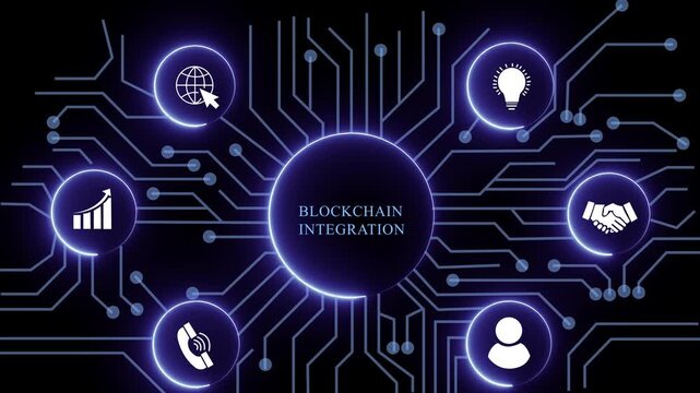 blockchain integration concept with circuit lines and digital symbols hovering above a businessman, technology. manufacturing process management all connected in a digital circle like pattern.