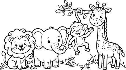 Safari animals color page lion elephant monkey and giraffe coloring illustration for kids © SharifulHaque