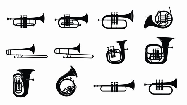 Brass instrument silhouette icons, set of 12 musical wind instruments, black trumpet and trombone vector graphics for orchestra and jazz band
