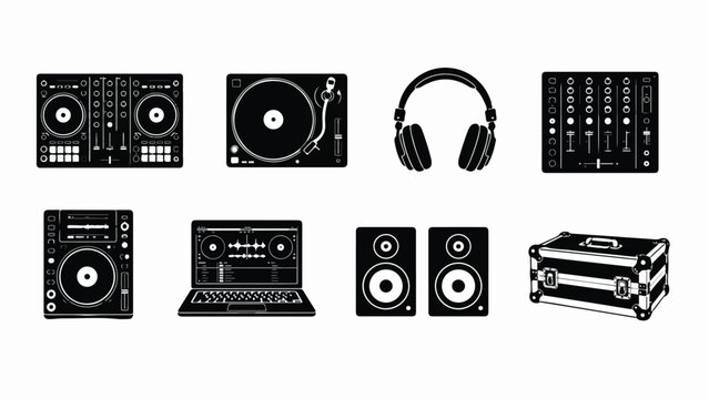 Professional DJ equipment icons set, black music production gear vectors, turntable mixer and headphones collection, electronic club audio hardware
