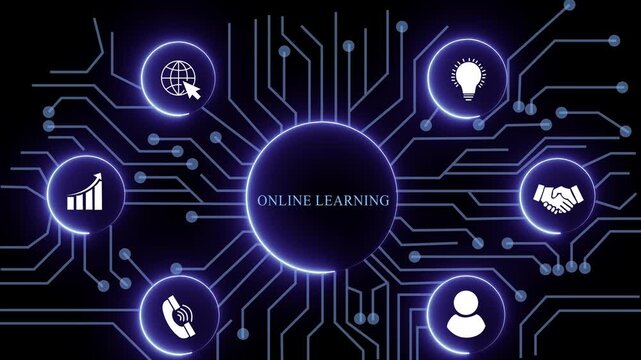 online learning concept with circuit lines and digital symbols hovering above a businessman, technology. manufacturing process management all connected in a digital circle like pattern.
