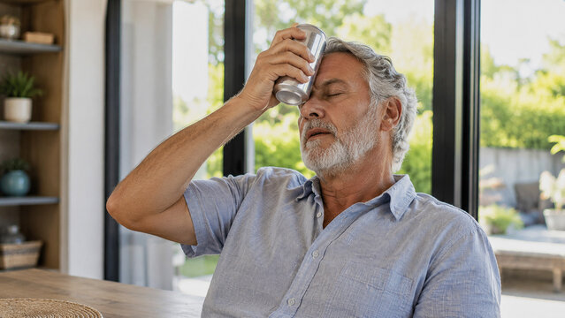 Senior man cooling his forehead with a cold beverage can inside a bright modern home during an extreme summer heatwave with natural daylight