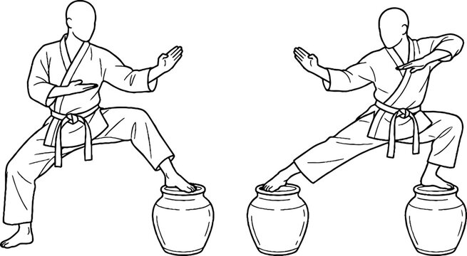 Martial arts practitioners balancing on pottery jars.