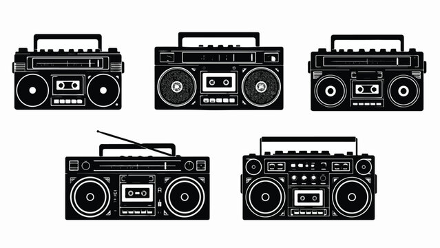 Retro boombox vector set, vintage 80s ghetto blaster icons, black and white cassette player illustrations, 5 classic radio silhouettes