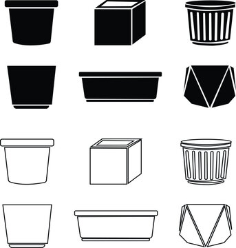 Set of simple flower pots silhouettes isolated on transparent background various container shapes for gardening and home decoration vector illustration black icons, isolated on transparent background.
