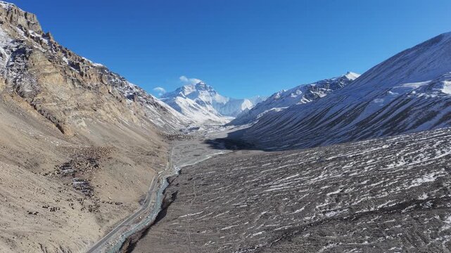 Mount Everest from Tibet Base Camp, Aerial View of World's Highest Peak in Himalayas