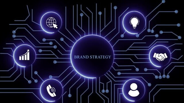 brand strategy concept with circuit lines and digital symbols hovering above a businessman, technology. manufacturing process management all connected in a digital circle like pattern.